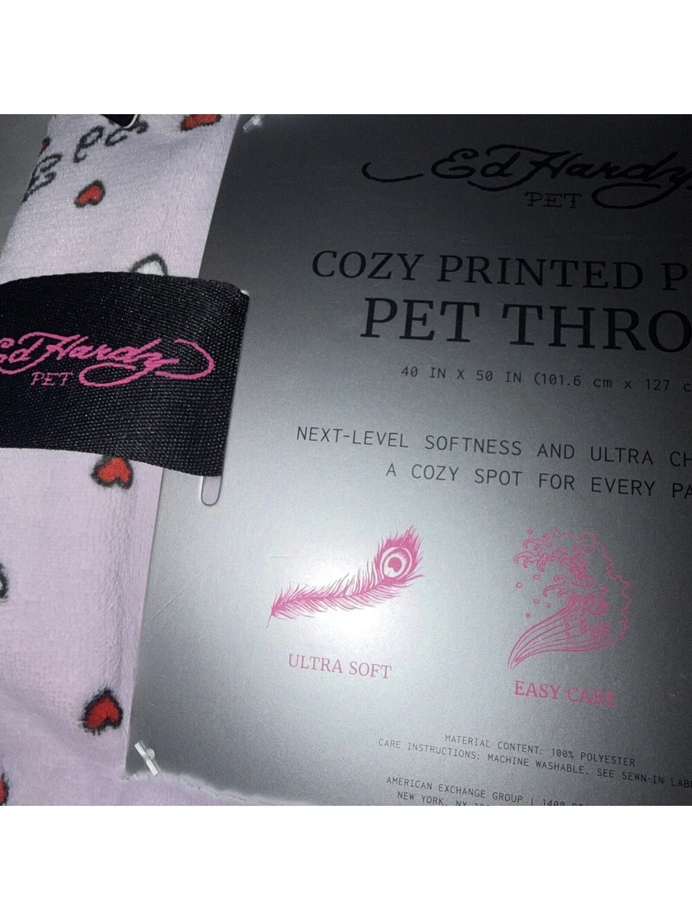 Ed Hardy Printed Plush Pet Throw 40 X 50 Pink Hearts Roses Birds
